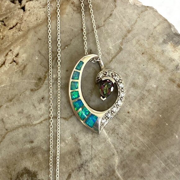 Sterling Silver 925 5☆ Mystic Quartz & Blue Gilson Opal Pendant Necklace 18" - Picture 16 of 16